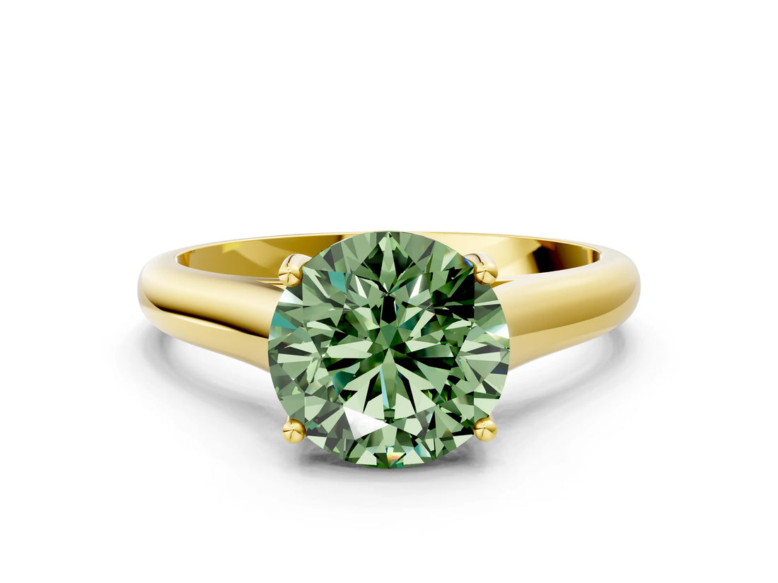 Yellow gold Fancy Green Round Cut Solitaire Engagement Ring with Tapered Band and Four-Prong Setting_3