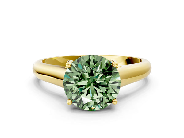 Yellow gold Fancy Green Round Cut Solitaire Engagement Ring with Tapered Band and Four-Prong Setting