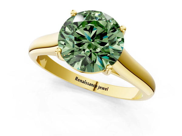 Yellow gold Fancy Green Round Cut Solitaire Engagement Ring with Tapered Band and Four-Prong Setting