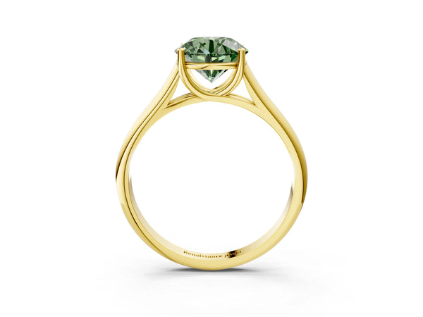 Yellow gold Fancy Green Round Cut Solitaire Engagement Ring with Tapered Band and Four-Prong Setting