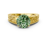 Yellow gold Fancy Green Round  Cut Solitaire Engraved Band with Four-Prong Setting_62