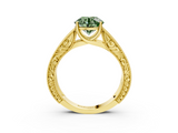 Yellow gold Fancy Green Round  Cut Solitaire Engraved Band with Four-Prong Setting_65