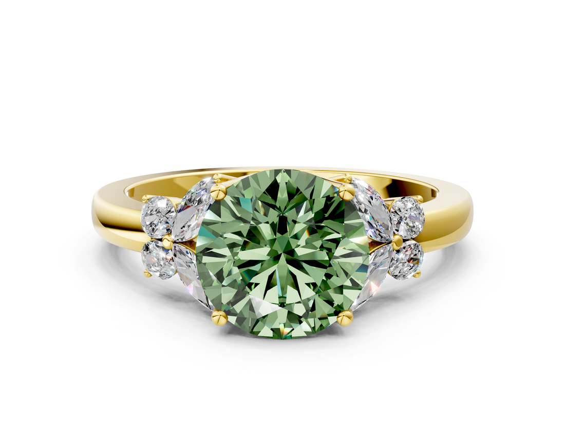 Yellow gold Fancy Green Round  Cut Solitaire Floral Diamond Ring with Four-Prong Setting_37