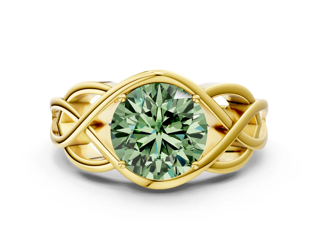 Yellow gold Fancy Green Round Cut Solitaire Intertwined Band Prong Setting Ring