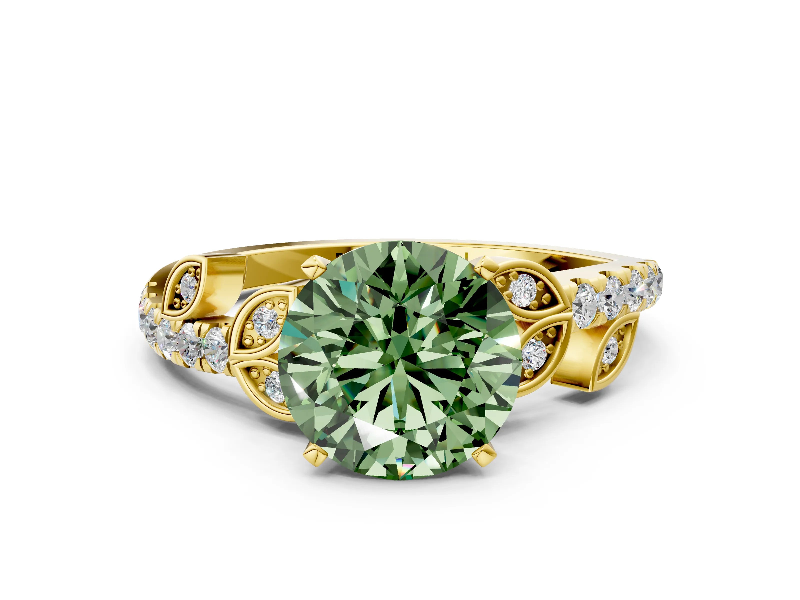 Yellow gold Fancy Green Round Cut Solitaire Leaf-Inspired Diamond Ring with Pavé Band and Four-Prong Setting