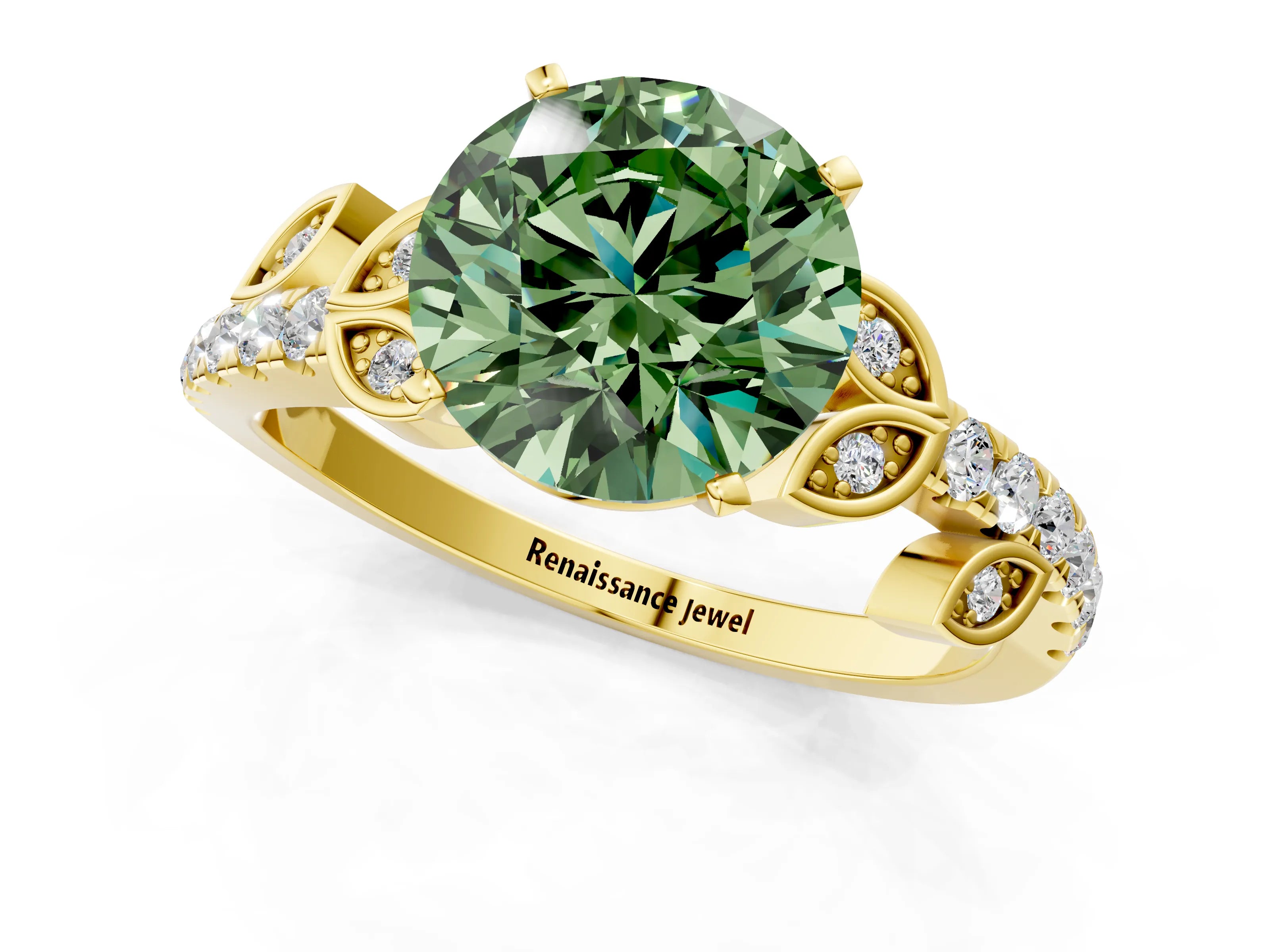 Yellow gold Fancy Green Round Cut Solitaire Leaf-Inspired Diamond Ring with Pavé Band and Four-Prong Setting_1