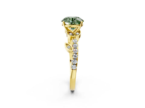 Yellow gold Fancy Green Round Cut Solitaire Leaf-Inspired Diamond Ring with Pavé Band and Four-Prong Setting_2