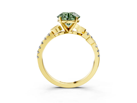 Yellow gold Fancy Green Round Cut Solitaire Leaf-Inspired Diamond Ring with Pavé Band and Four-Prong Setting_3