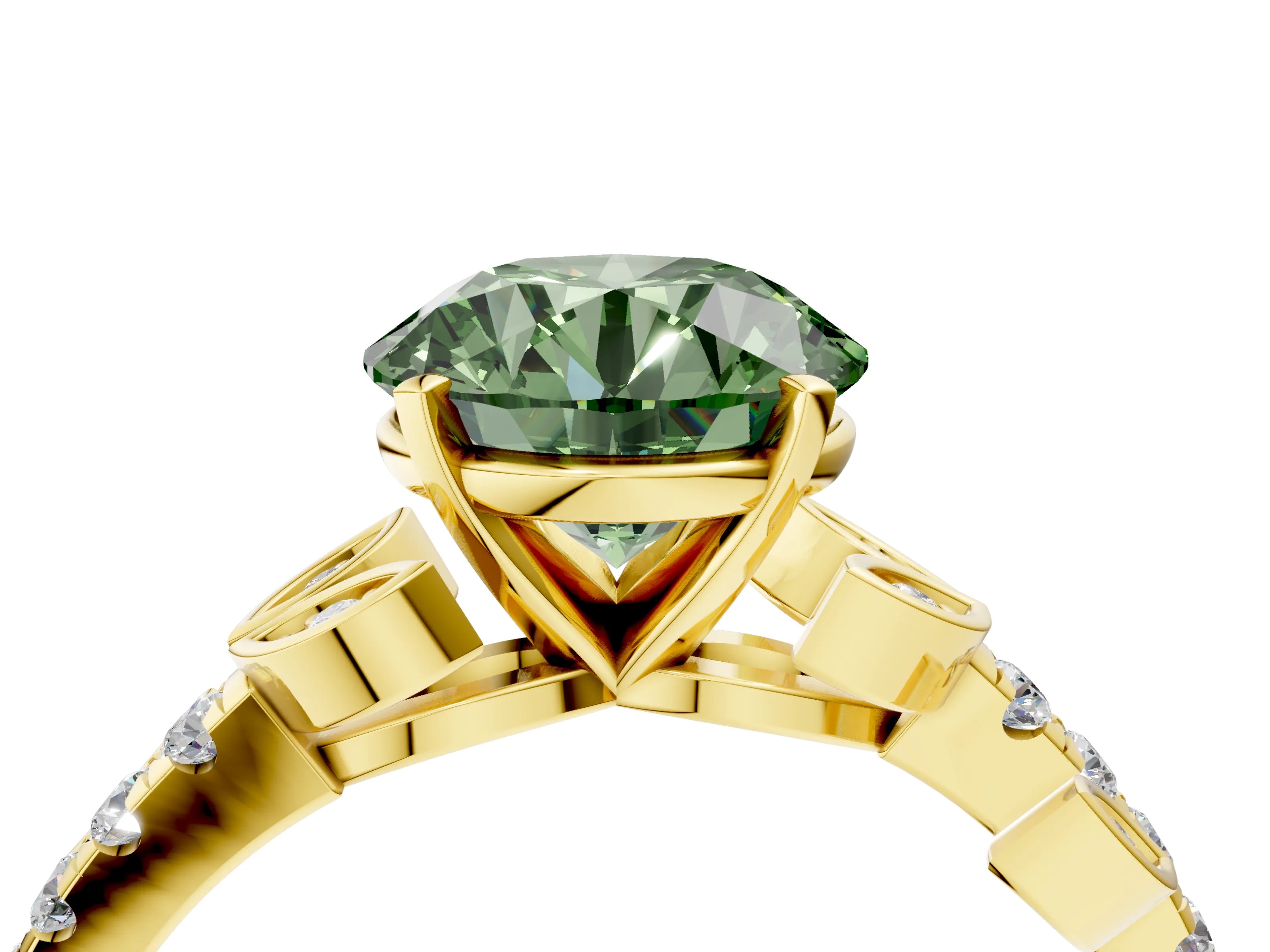 Yellow gold Fancy Green Round Cut Solitaire Leaf-Inspired Diamond Ring with Pavé Band and Four-Prong Setting_4