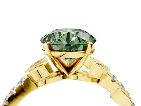 Yellow gold Fancy Green Round Cut Solitaire Leaf-Inspired Diamond Ring with Pavé Band and Four-Prong Setting_4