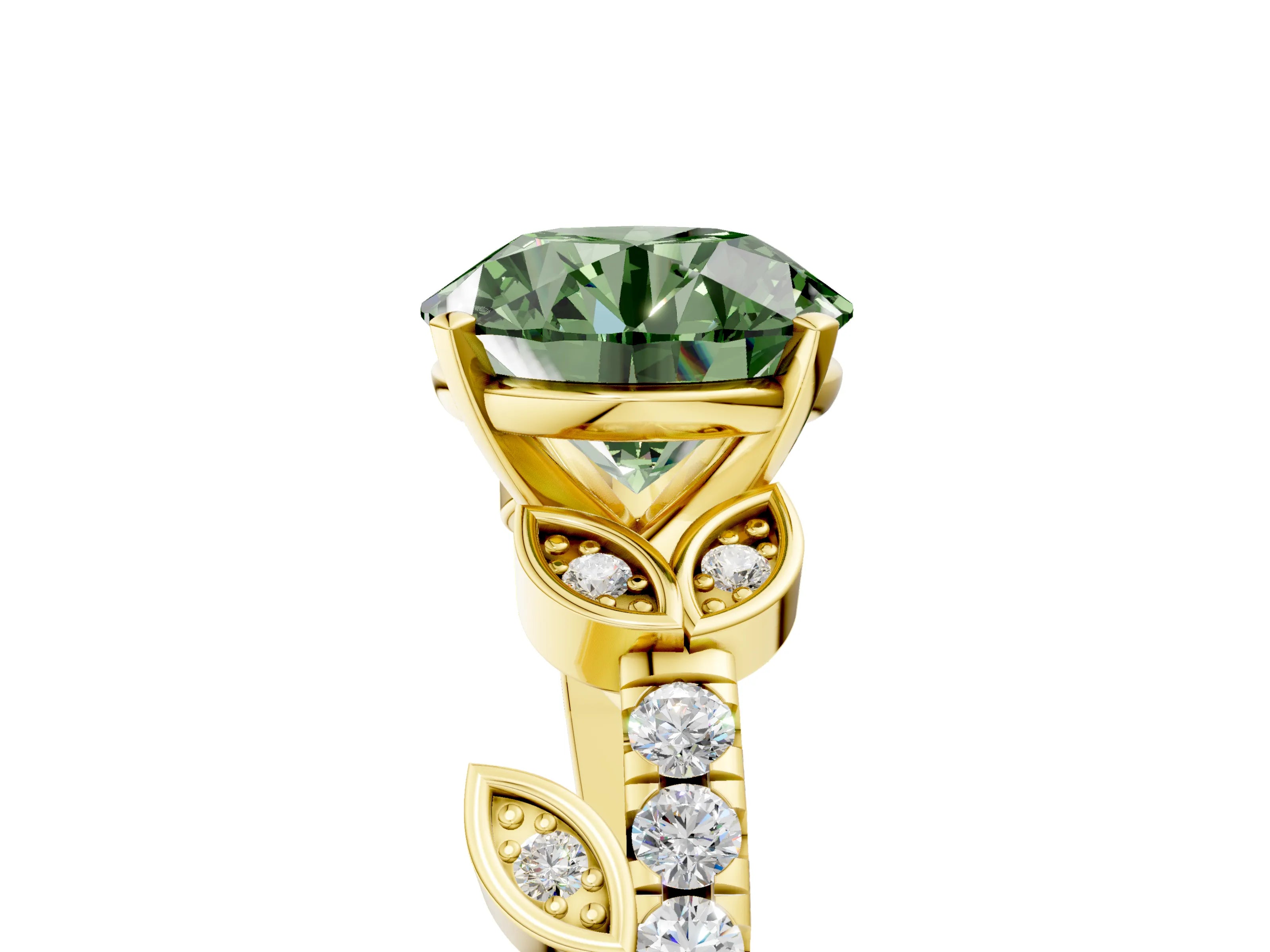 Yellow gold Fancy Green Round Cut Solitaire Leaf-Inspired Diamond Ring with Pavé Band and Four-Prong Setting_5