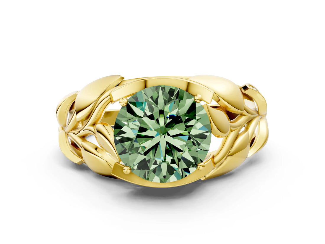 Yellow gold Fancy Green Round Cut Solitaire Leaf-Inspired Engagement Ring with Prong Setting_12