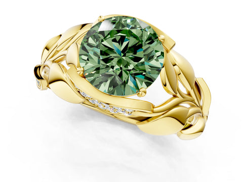Yellow gold Fancy Green Round Cut Solitaire Leaf-Inspired Engagement Ring with Prong Setting_1