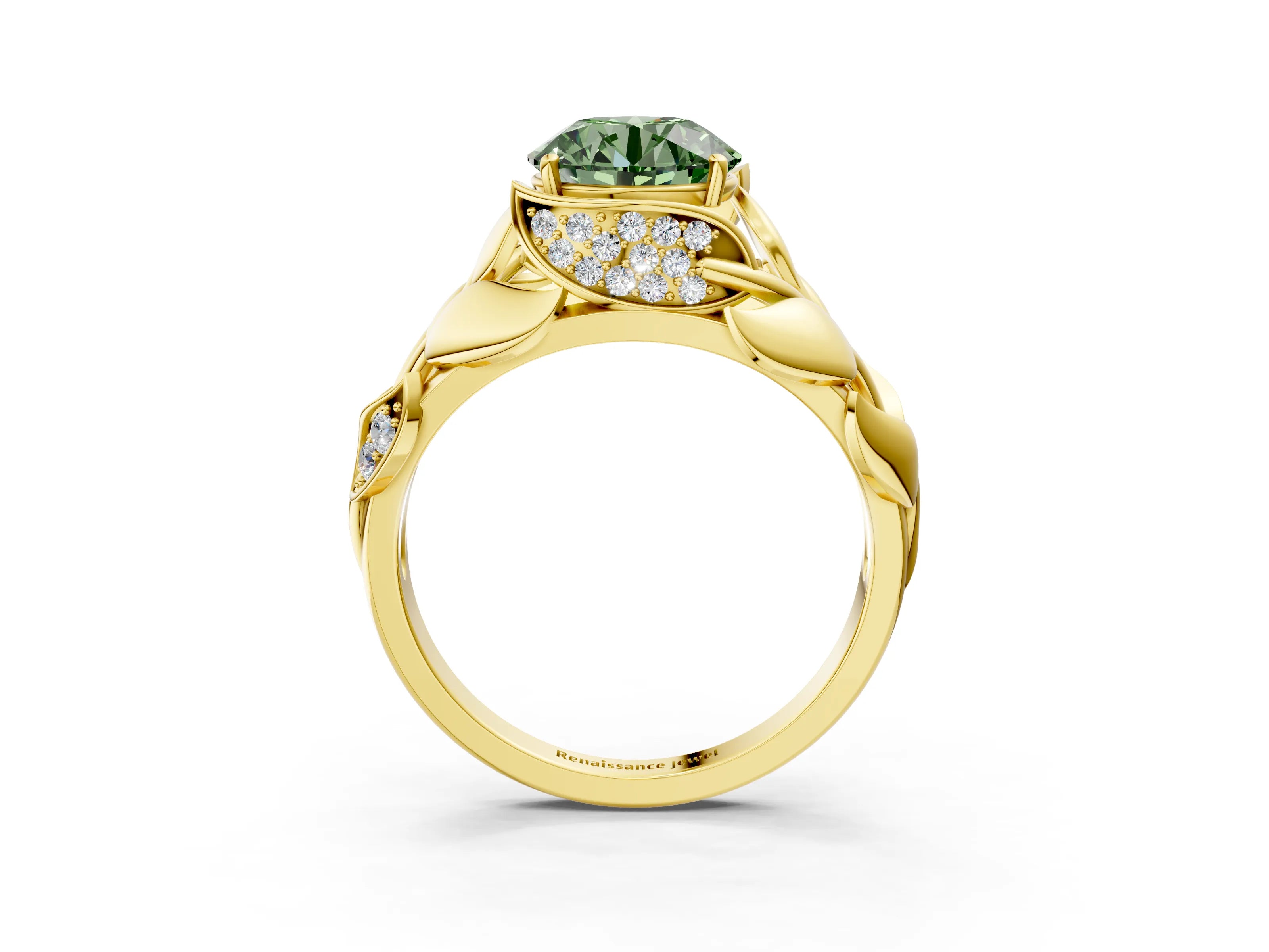 Yellow gold Fancy Green Round Cut Solitaire Leaf-Inspired Engagement Ring with Prong Setting_3
