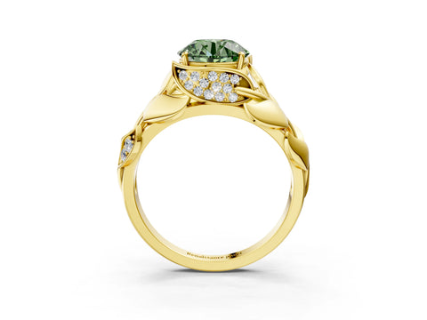 Yellow gold Fancy Green Round Cut Solitaire Leaf-Inspired Engagement Ring with Prong Setting_3