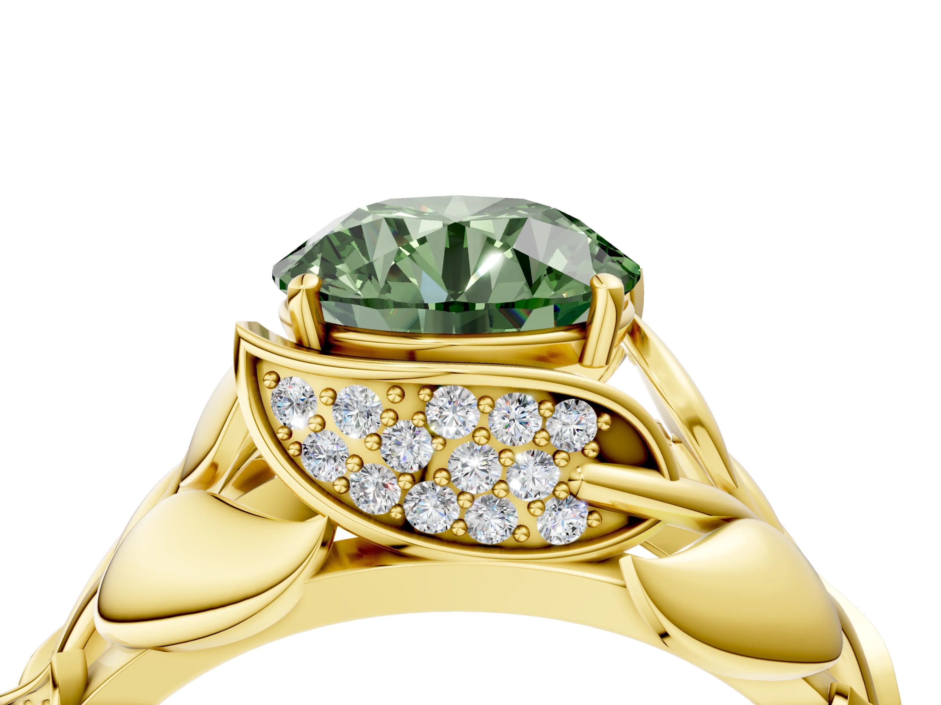 Yellow gold Fancy Green Round Cut Solitaire Leaf-Inspired Engagement Ring with Prong Setting_4