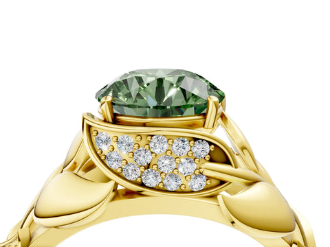 Yellow gold Fancy Green Round Cut Solitaire Leaf-Inspired Engagement Ring with Prong Setting_4