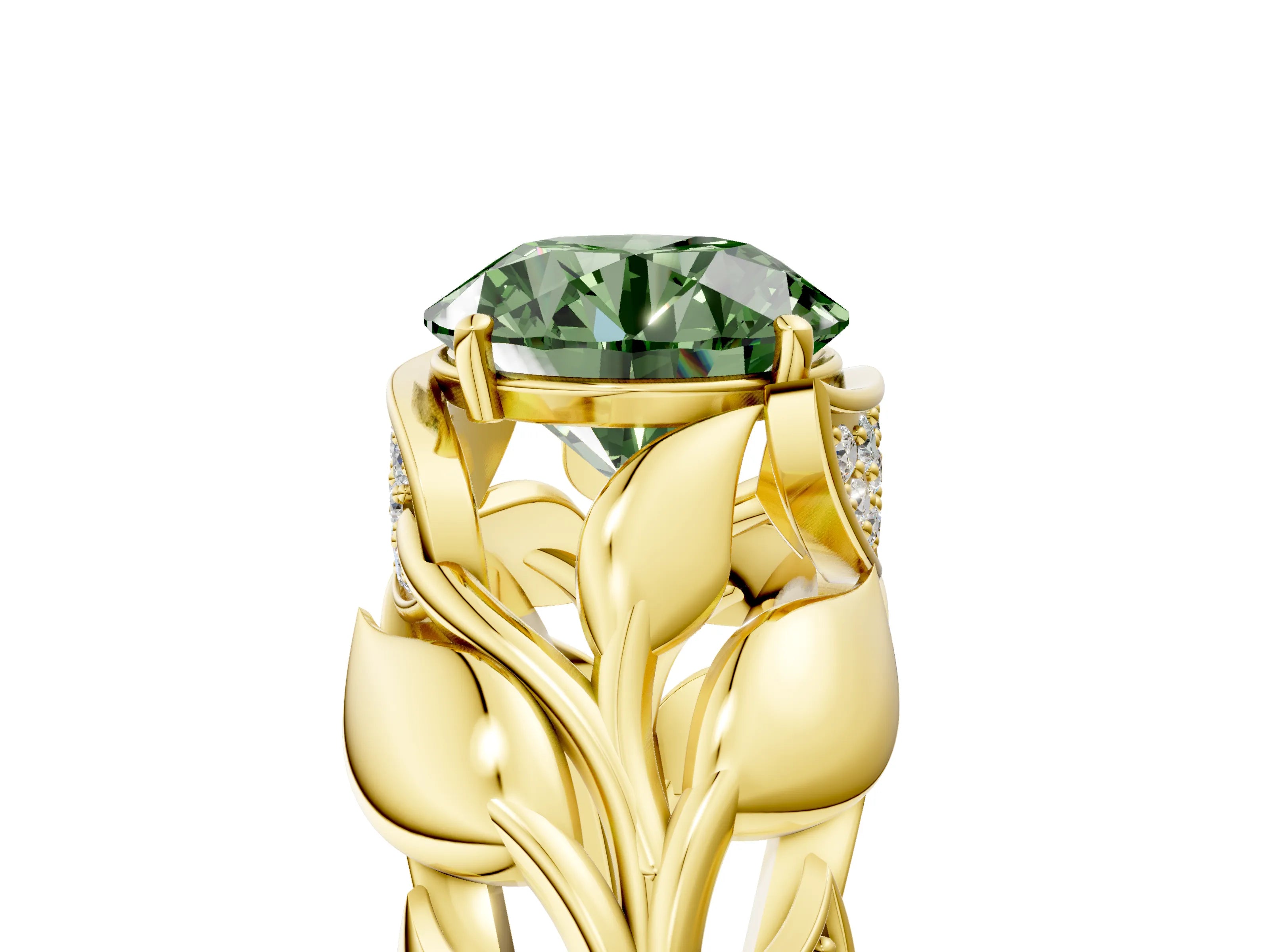 Yellow gold Fancy Green Round Cut Solitaire Leaf-Inspired Engagement Ring with Prong Setting_5