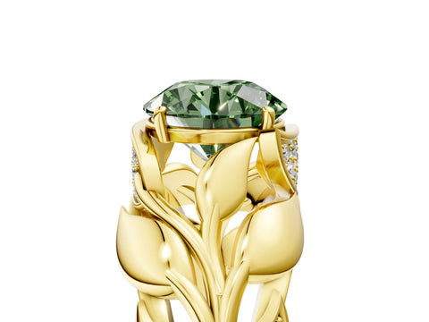 Yellow gold Fancy Green Round Cut Solitaire Leaf-Inspired Engagement Ring with Prong Setting_5