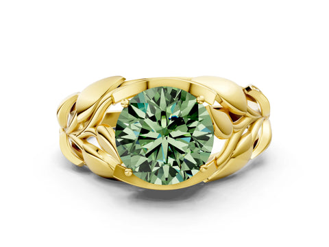 Yellow gold Fancy Green Round Cut Solitaire Leaf-Inspired Engagement Ring with Prong Setting