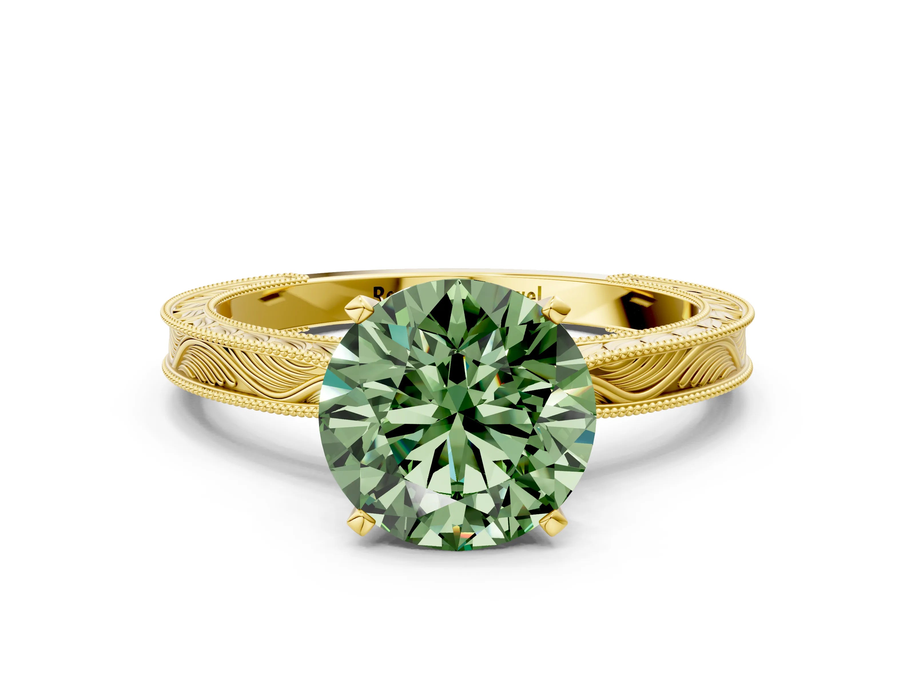 Yellow gold Fancy Green Round Cut Solitaire Milgrain Engraved Band with Four-Prong Setting