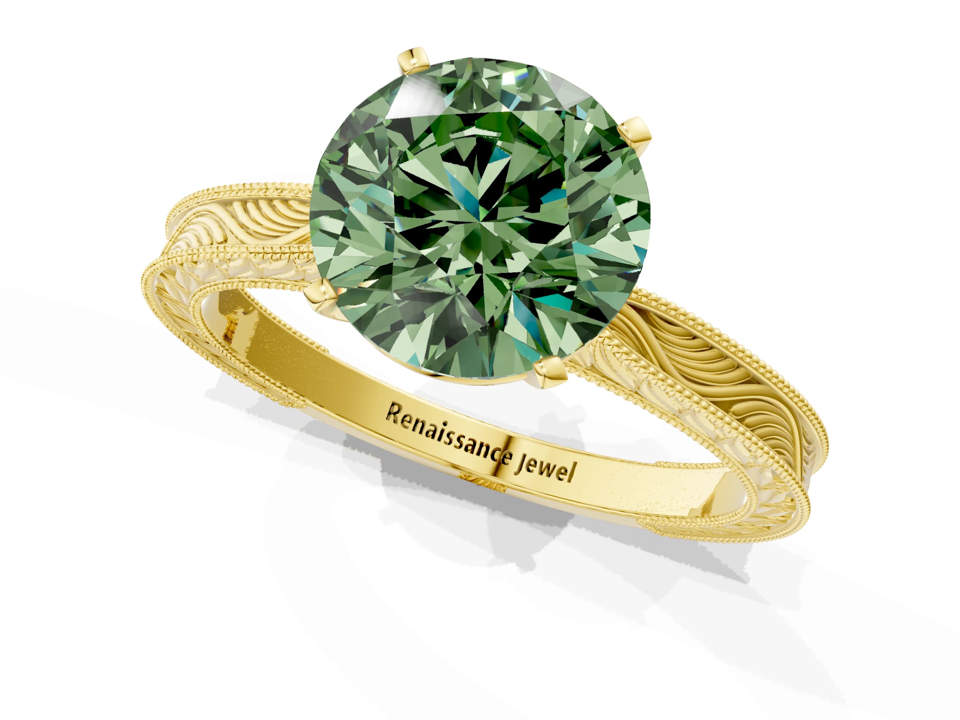 Yellow gold Fancy Green Round Cut Solitaire Milgrain Engraved Band with Four-Prong Setting_1