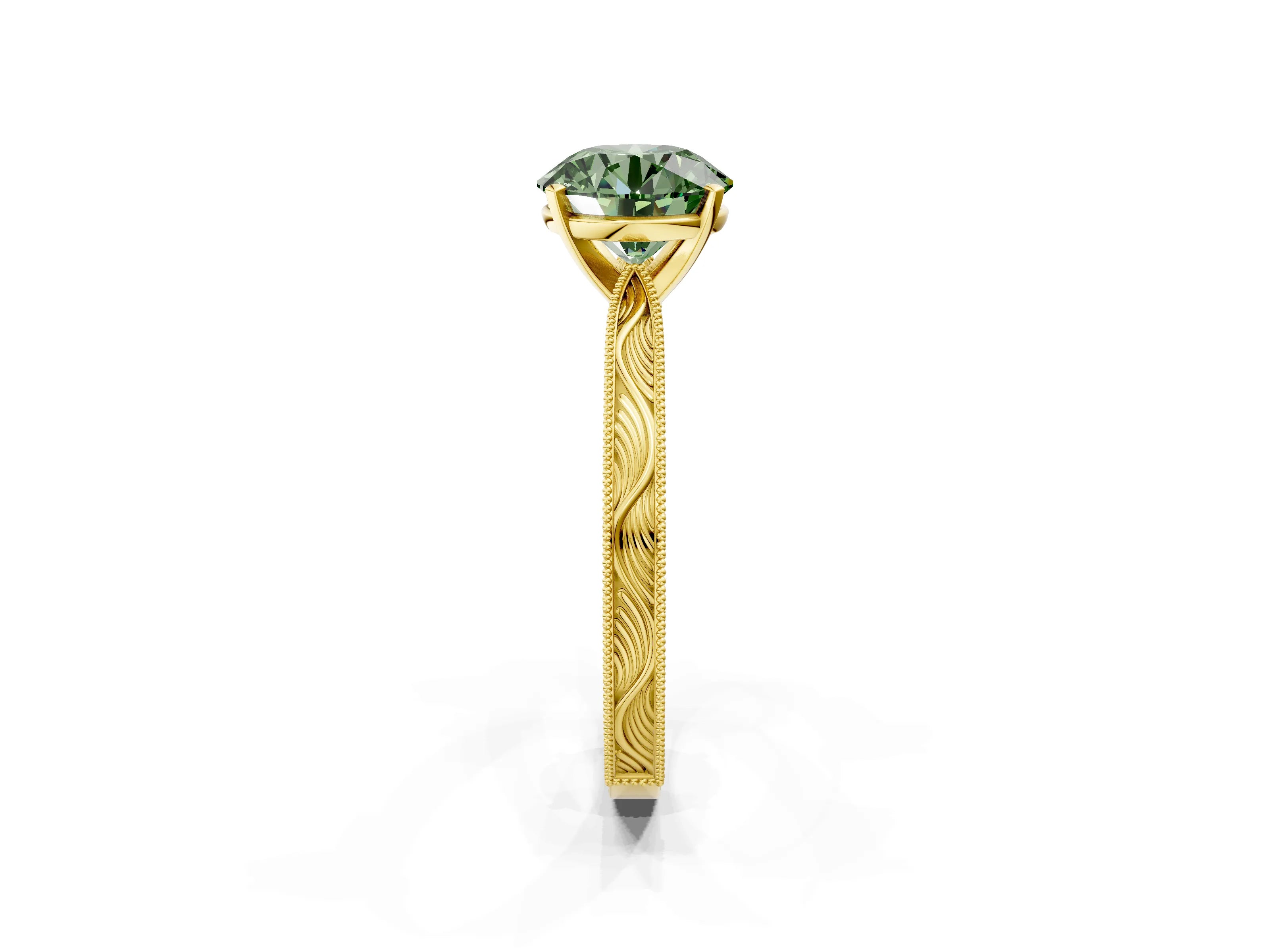Yellow gold Fancy Green Round Cut Solitaire Milgrain Engraved Band with Four-Prong Setting_2