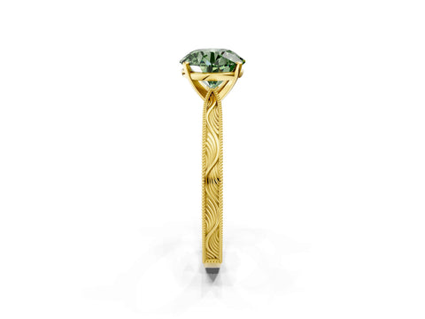 Yellow gold Fancy Green Round Cut Solitaire Milgrain Engraved Band with Four-Prong Setting_2