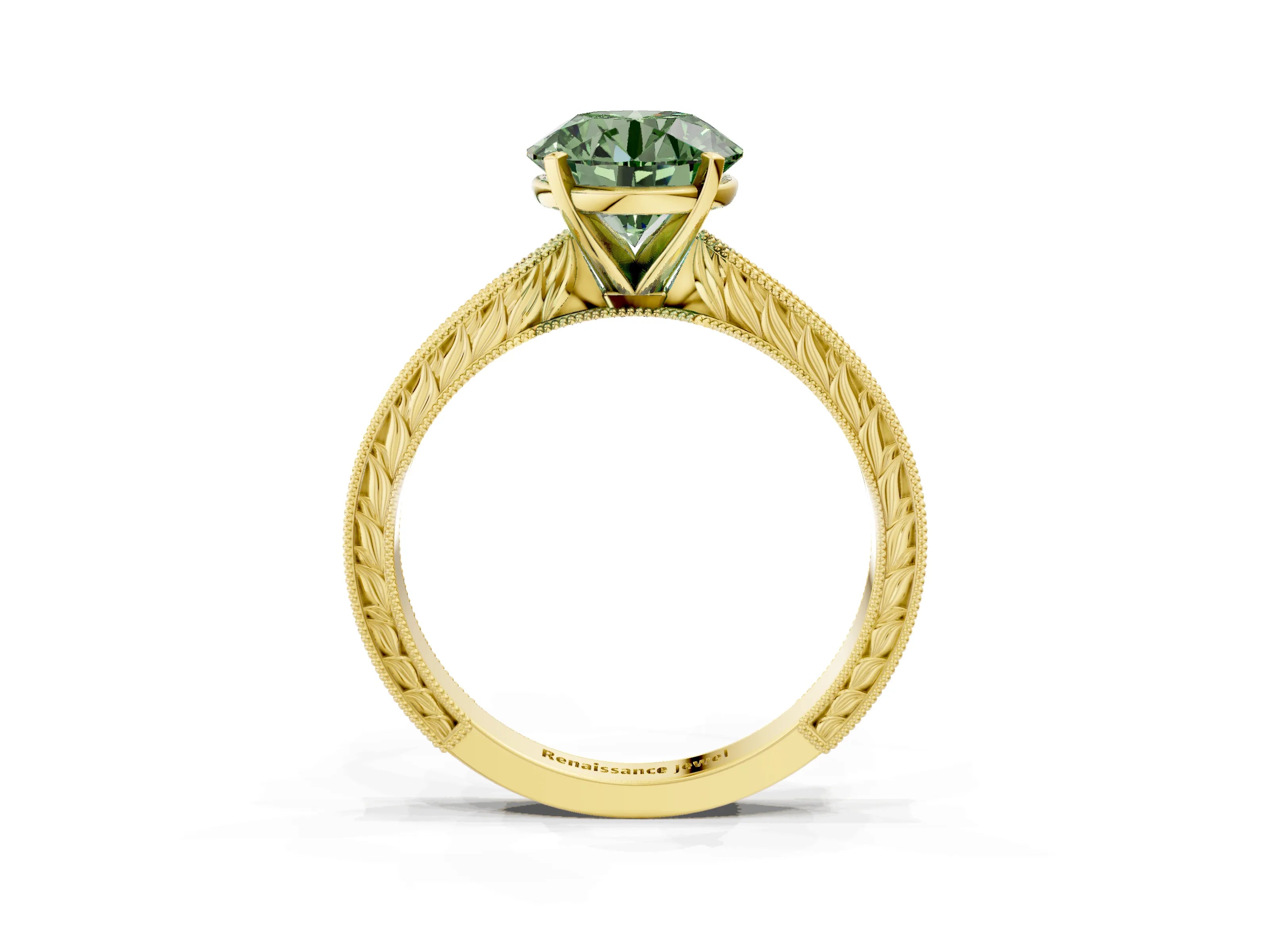 Yellow gold Fancy Green Round Cut Solitaire Milgrain Engraved Band with Four-Prong Setting_3