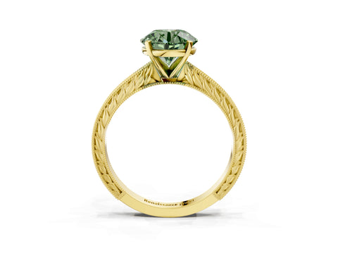 Yellow gold Fancy Green Round Cut Solitaire Milgrain Engraved Band with Four-Prong Setting_3