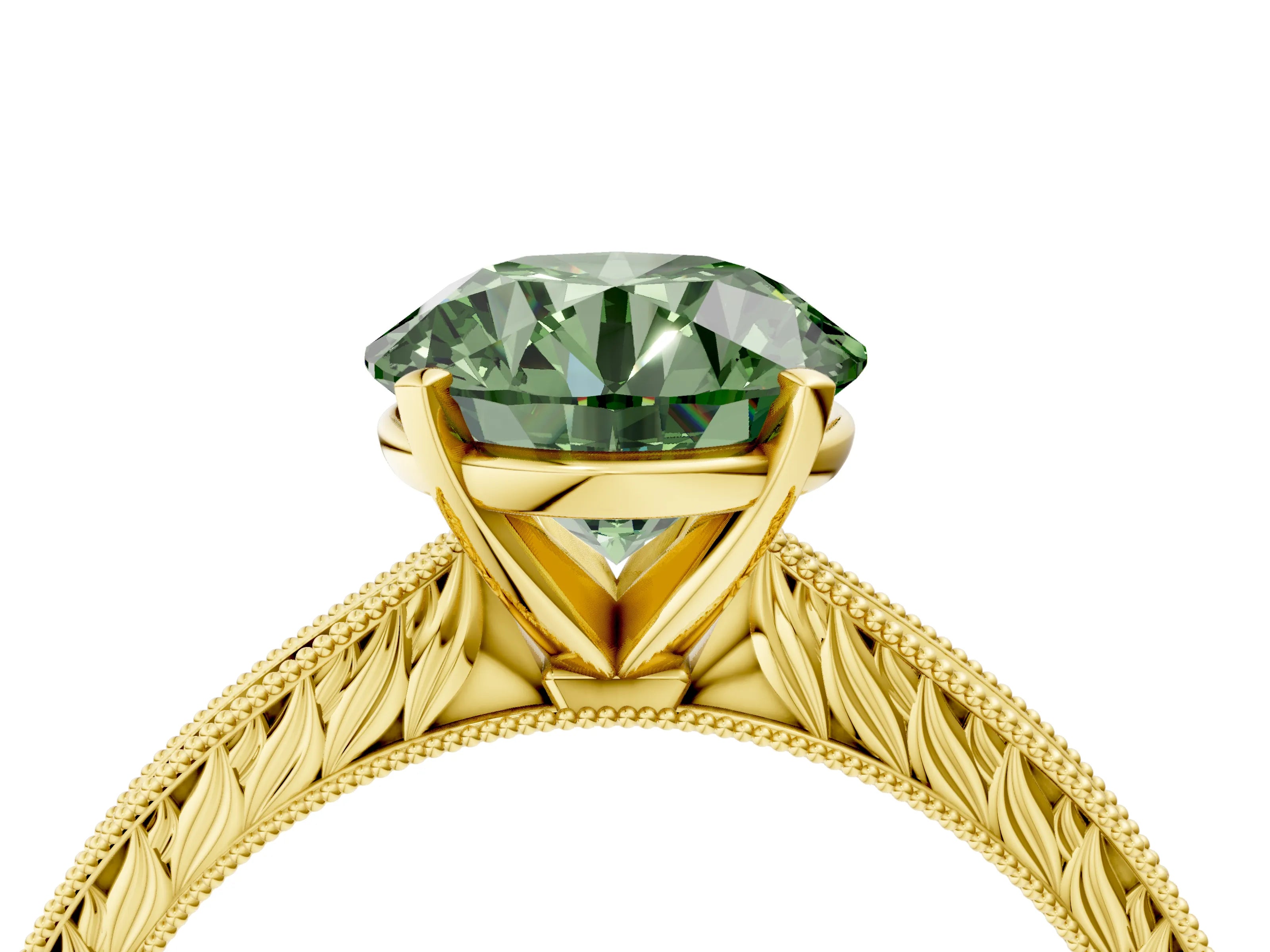 Yellow gold Fancy Green Round Cut Solitaire Milgrain Engraved Band with Four-Prong Setting_4