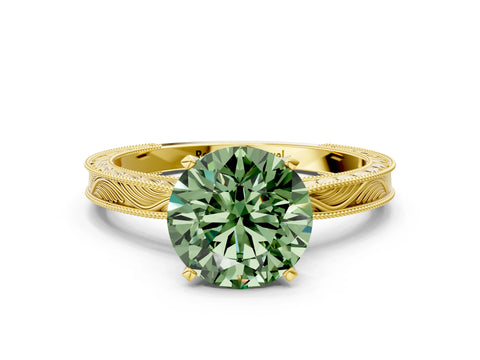 Yellow gold Fancy Green Round Cut Solitaire Milgrain Engraved Band with Four-Prong Setting