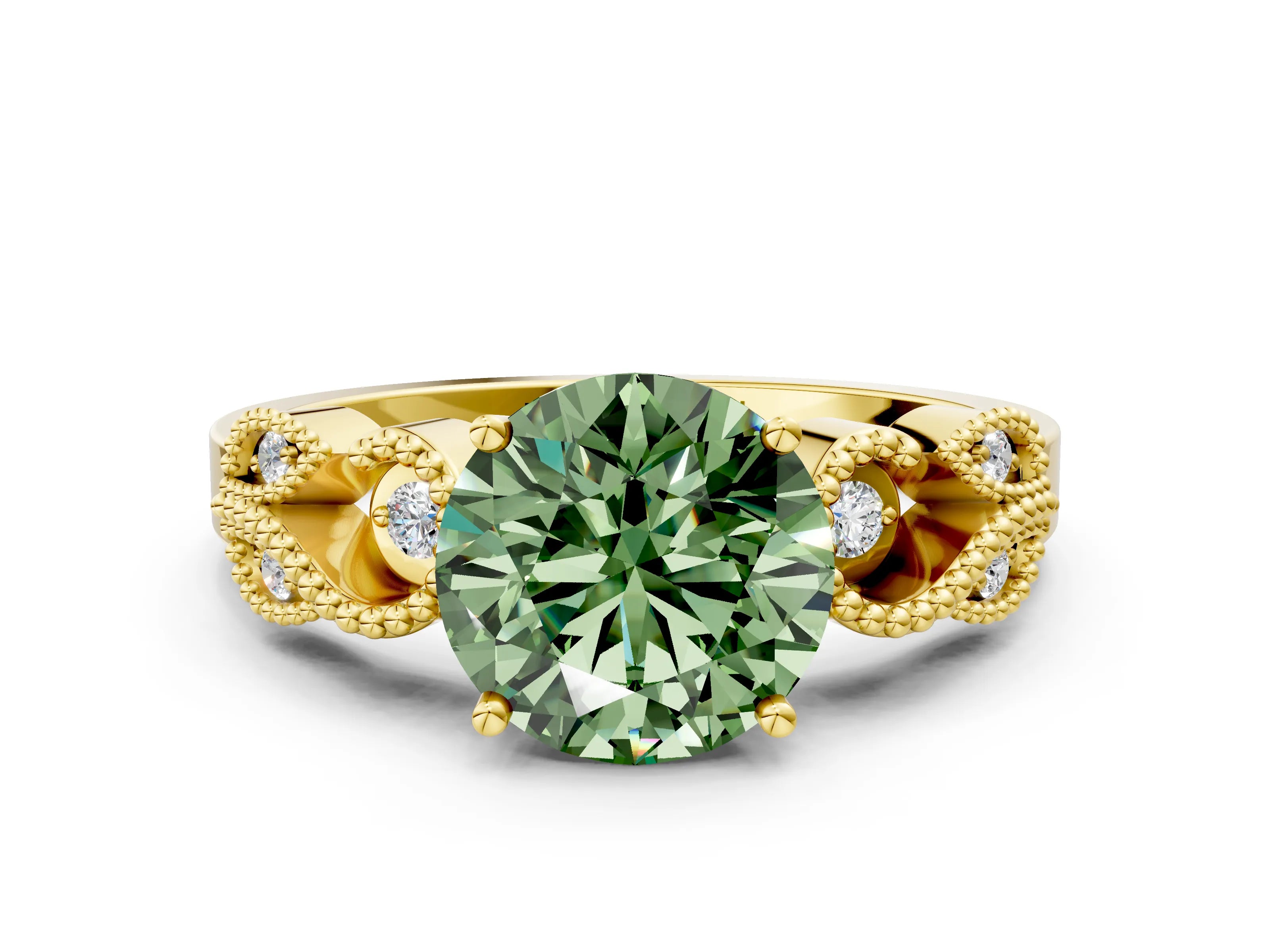 Yellow gold Fancy Green Round Cut Solitaire Milgrain Leaf Band with Prong Setting