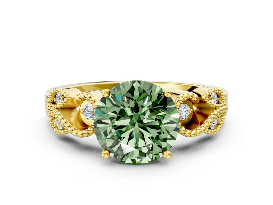 Yellow gold Fancy Green Round Cut Solitaire Milgrain Leaf Band with Prong Setting
