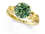 Yellow gold Fancy Green Round Cut Solitaire Milgrain Leaf Band with Prong Setting_1