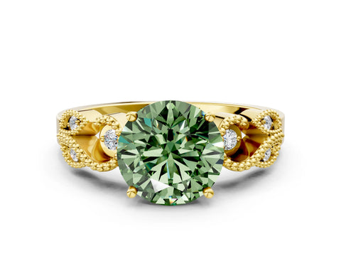 Yellow gold Fancy Green Round Cut Solitaire Milgrain Leaf Band with Prong Setting