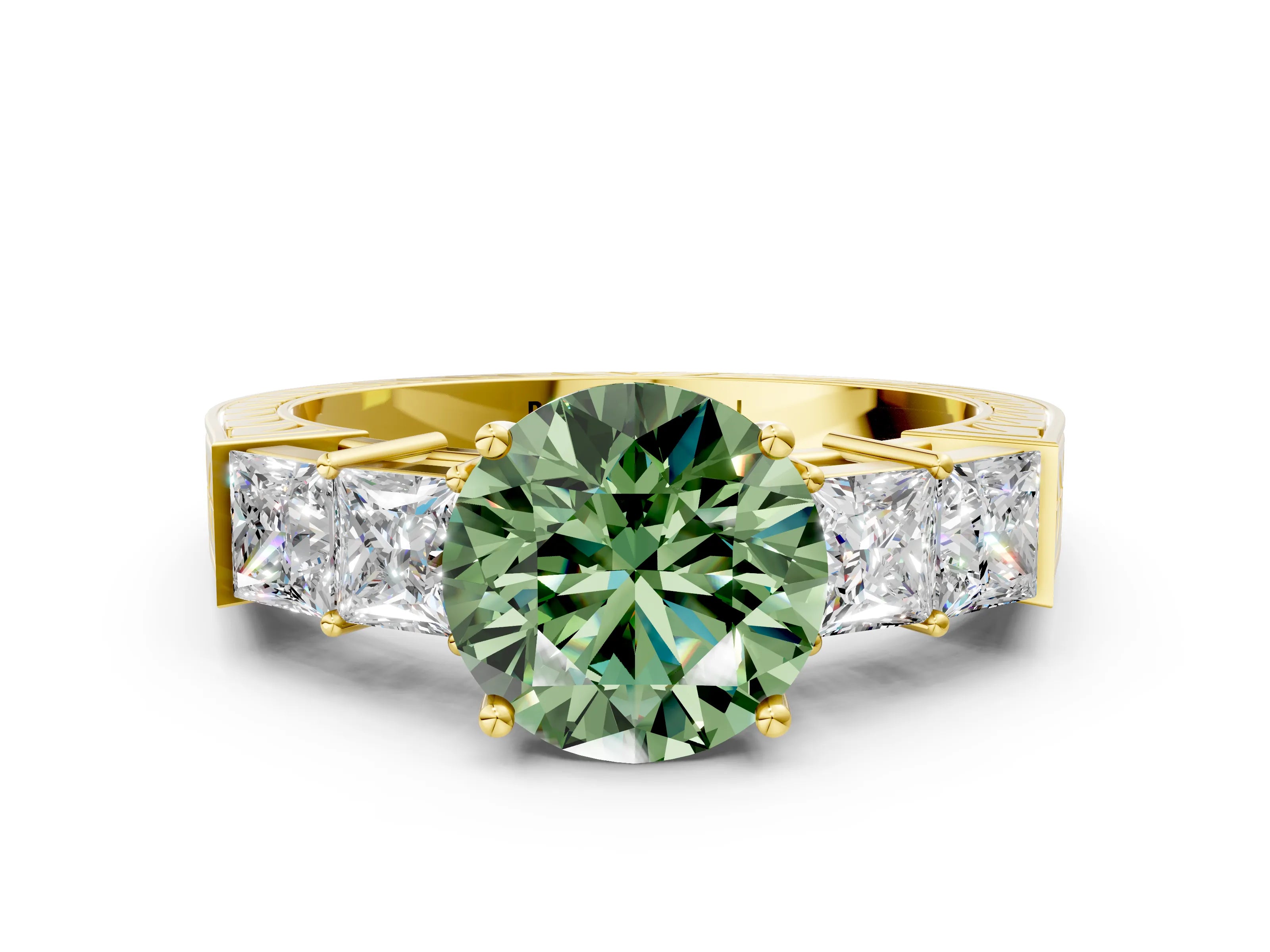 Yellow gold Fancy Green Round Cut Solitaire Princess Side Stone Engraved Band Prong Setting Ring
