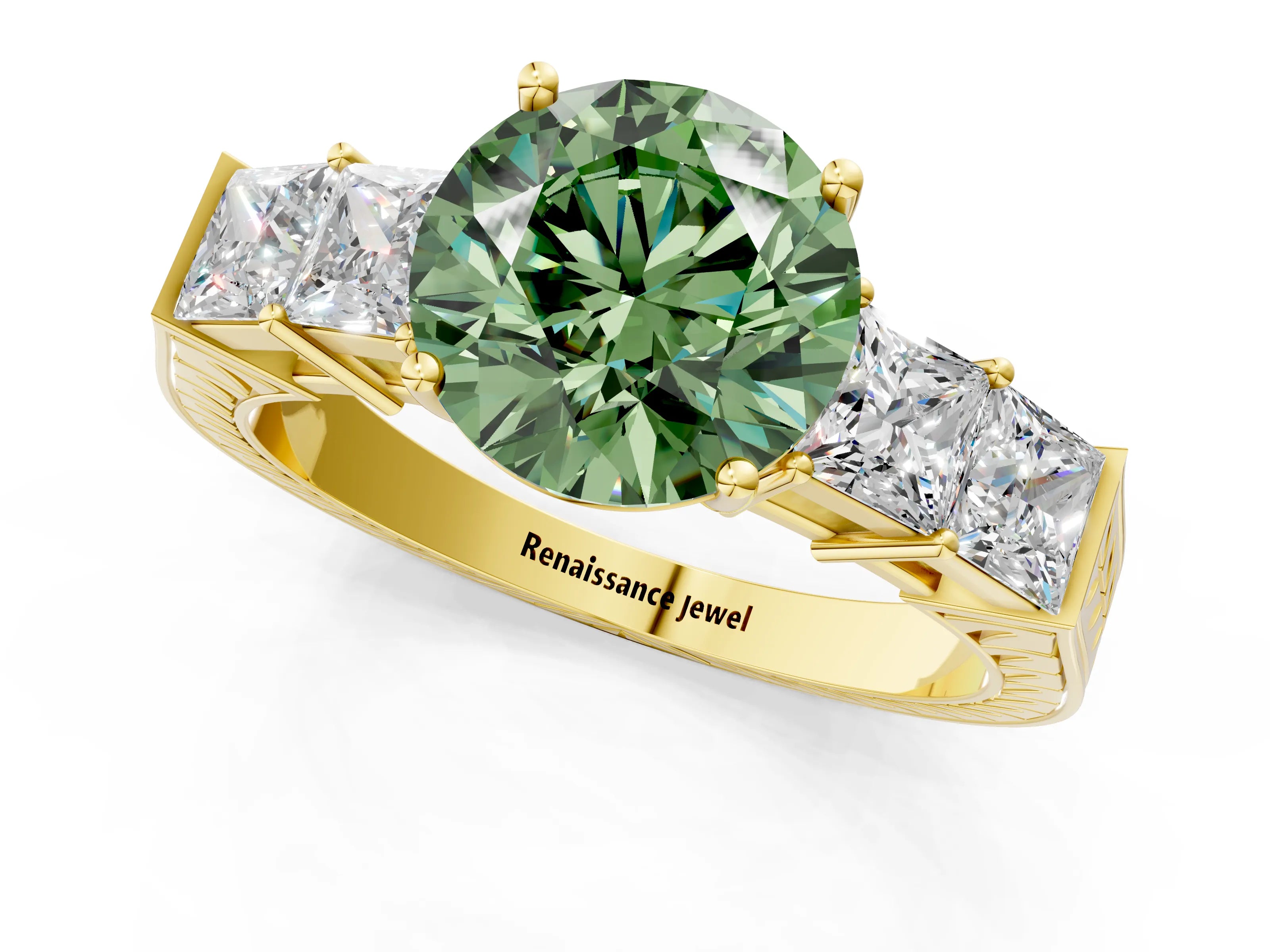 Yellow gold Fancy Green Round Cut Solitaire Princess Side Stone Engraved Band Prong Setting Ring_1