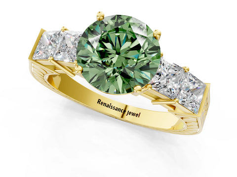 Yellow gold Fancy Green Round Cut Solitaire Princess Side Stone Engraved Band Prong Setting Ring_1