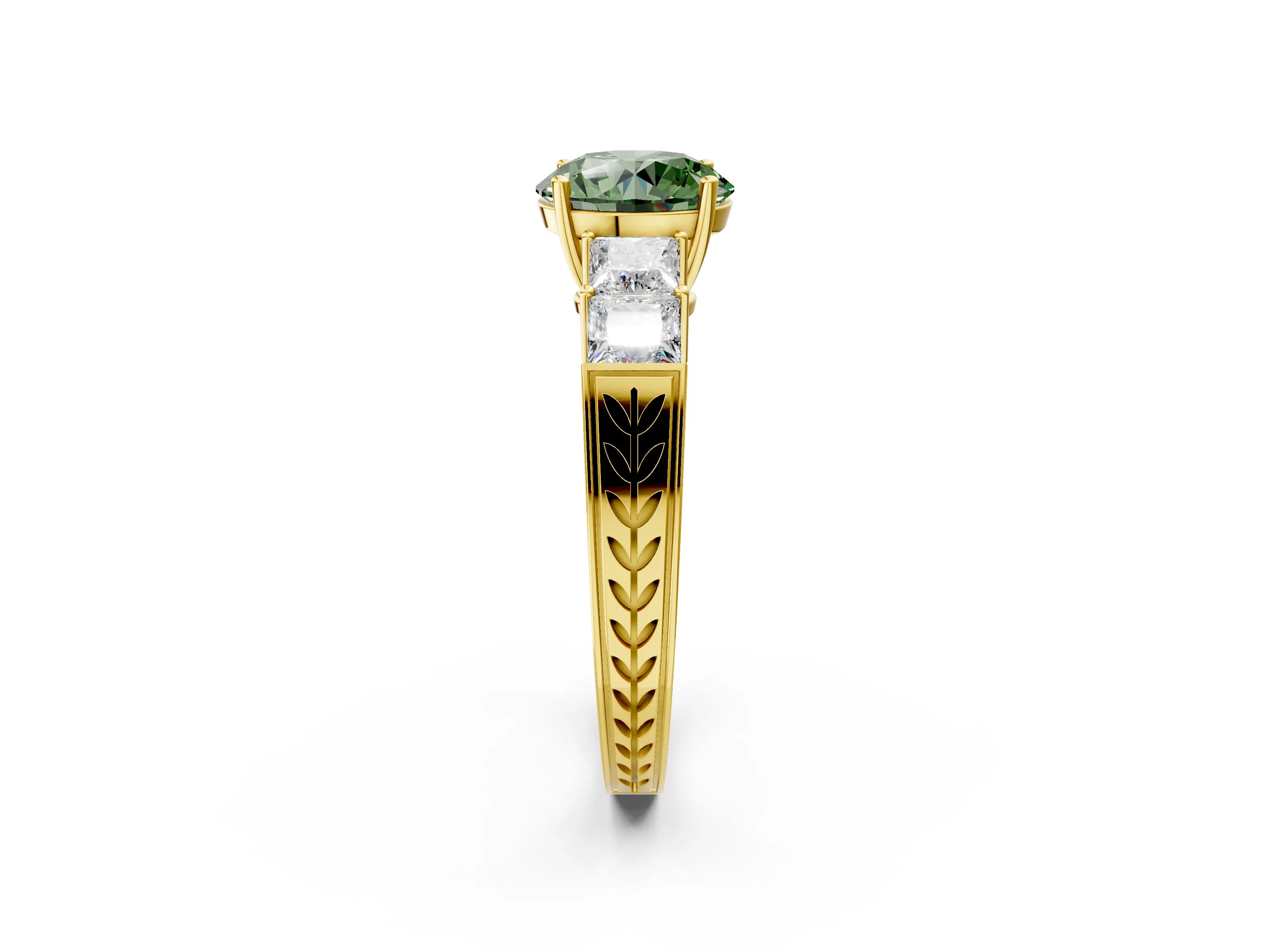 Yellow gold Fancy Green Round Cut Solitaire Princess Side Stone Engraved Band Prong Setting Ring_2