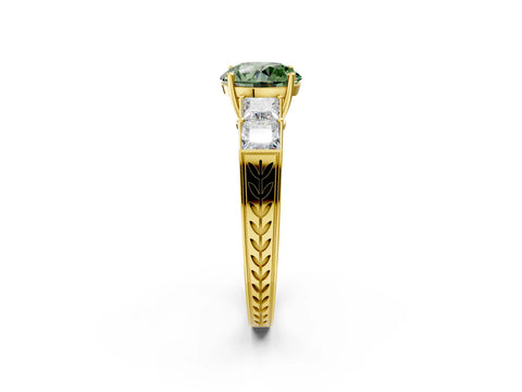 Yellow gold Fancy Green Round Cut Solitaire Princess Side Stone Engraved Band Prong Setting Ring_2
