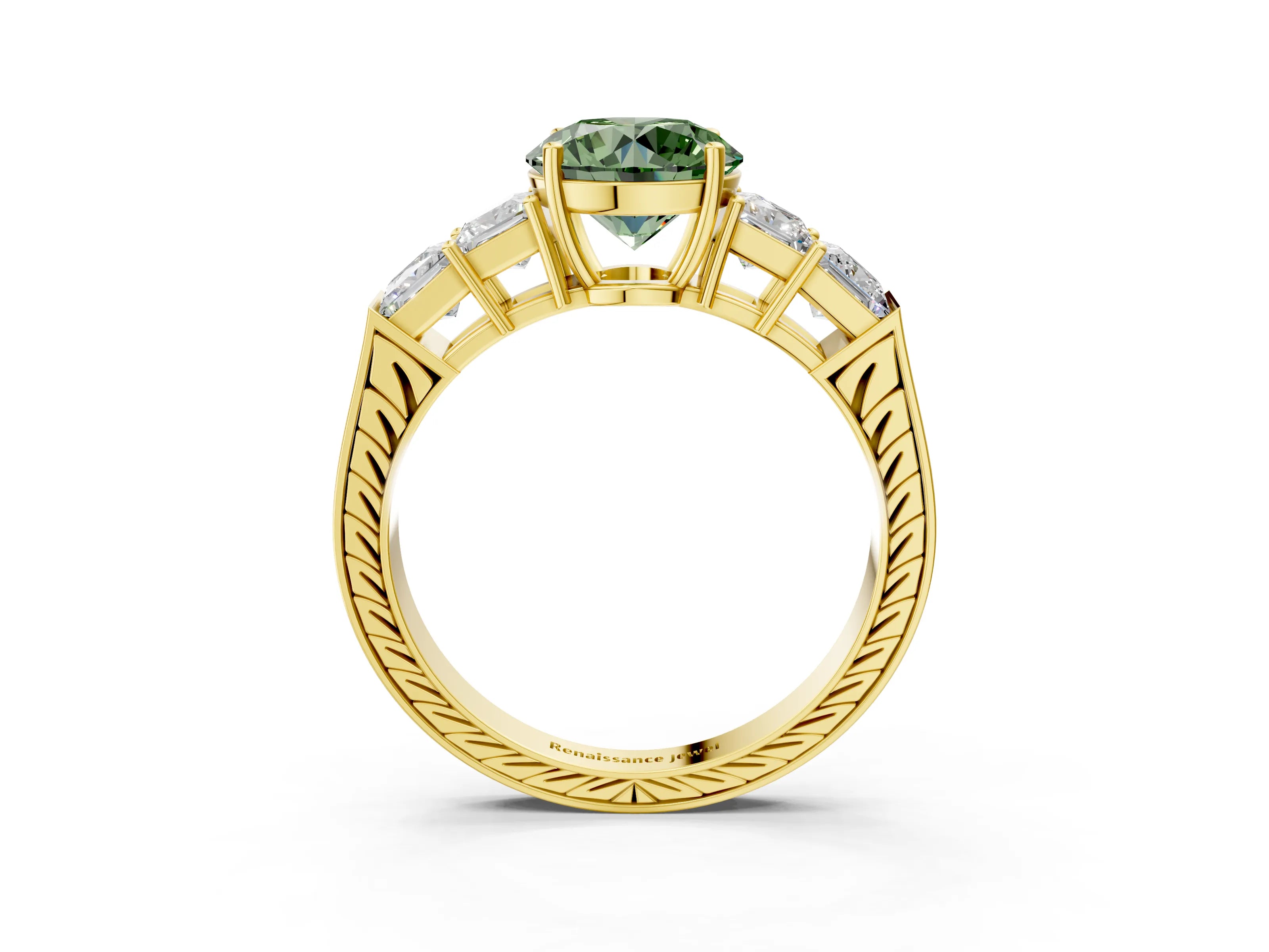 Yellow gold Fancy Green Round Cut Solitaire Princess Side Stone Engraved Band Prong Setting Ring_3