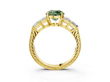 Yellow gold Fancy Green Round Cut Solitaire Princess Side Stone Engraved Band Prong Setting Ring_3