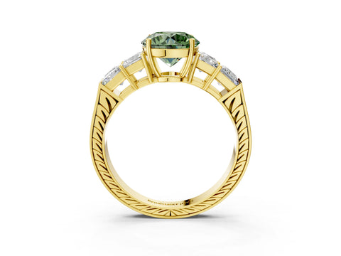Yellow gold Fancy Green Round Cut Solitaire Princess Side Stone Engraved Band Prong Setting Ring_3