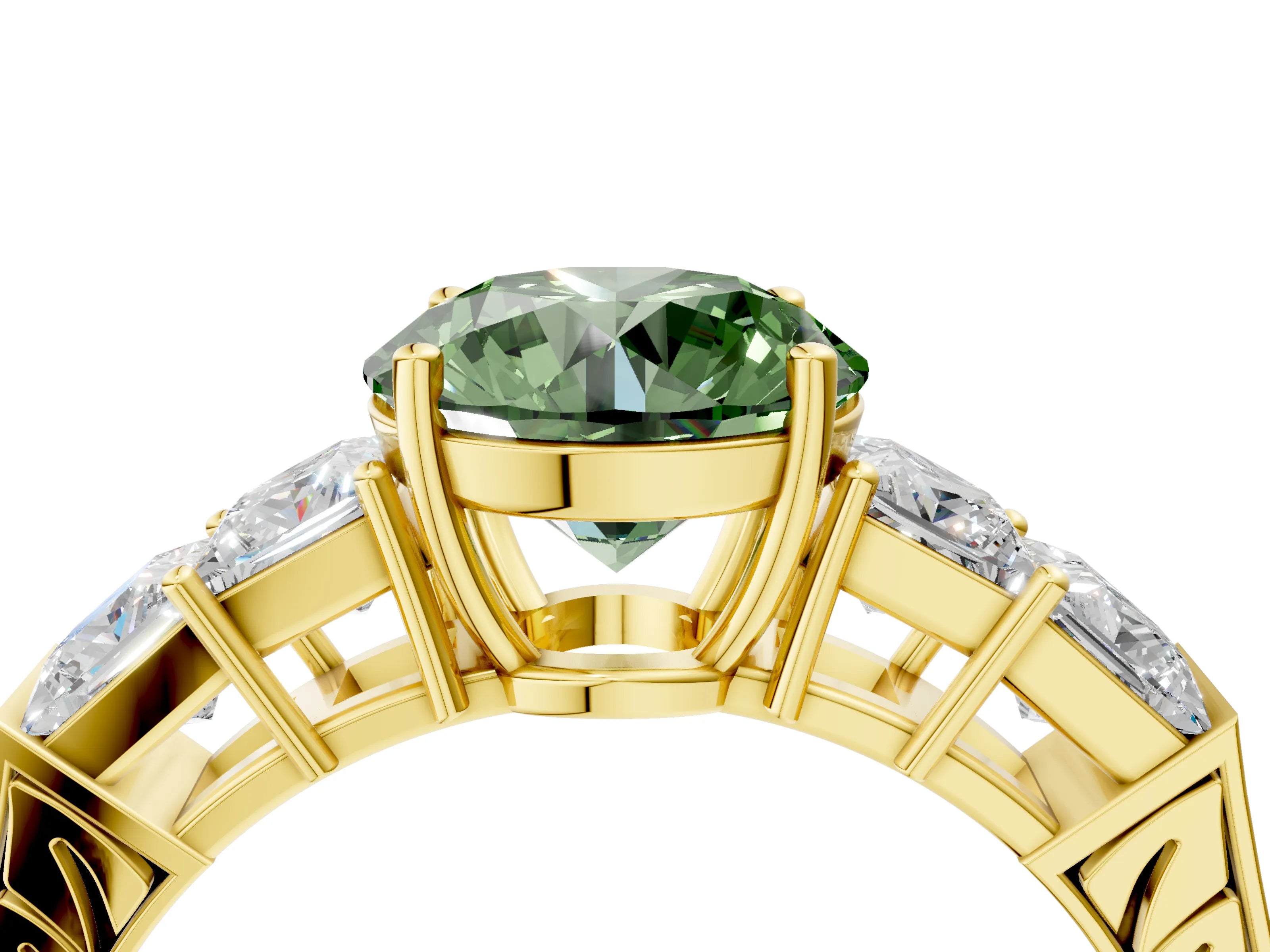 Yellow gold Fancy Green Round Cut Solitaire Princess Side Stone Engraved Band Prong Setting Ring_4