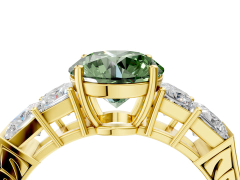 Yellow gold Fancy Green Round Cut Solitaire Princess Side Stone Engraved Band Prong Setting Ring_4
