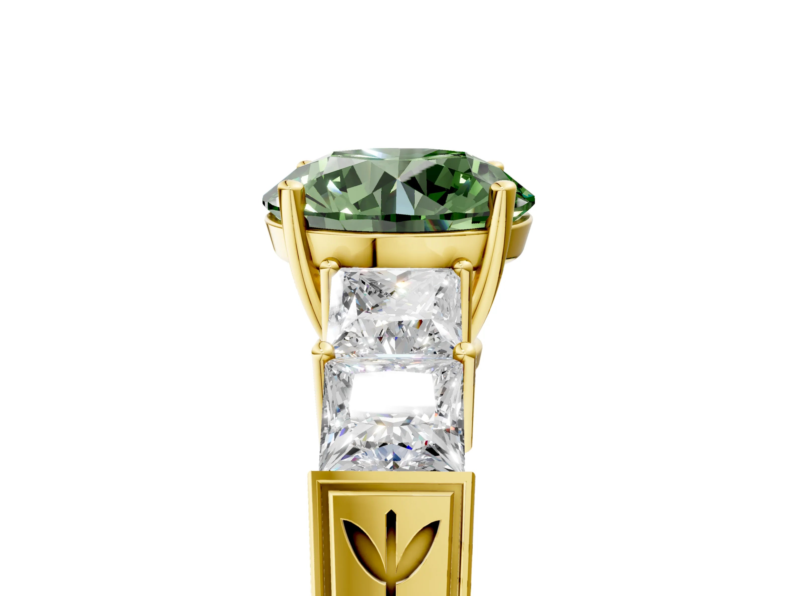 Yellow gold Fancy Green Round Cut Solitaire Princess Side Stone Engraved Band Prong Setting Ring_5