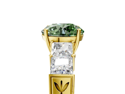Yellow gold Fancy Green Round Cut Solitaire Princess Side Stone Engraved Band Prong Setting Ring_5