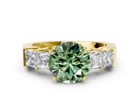 Yellow gold Fancy Green Round Cut Solitaire Princess Side Stone Engraved Band Prong Setting Ring