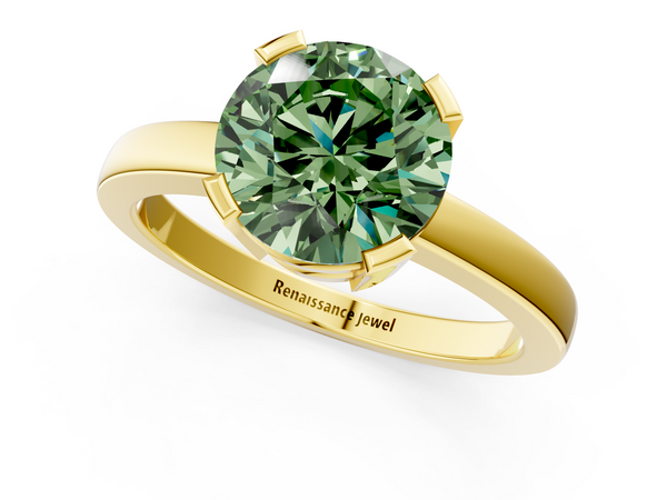 Yellow gold Fancy Green Round  Cut Solitaire Ring with Four-Prong Setting and Classic Band